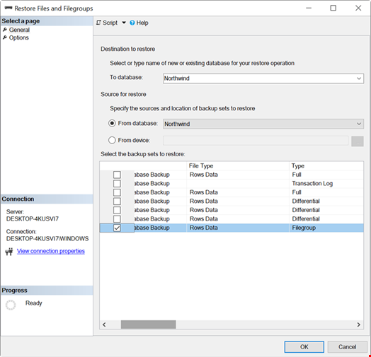 Source and destination database to restore.