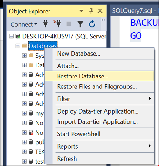 Restore a backup using SSMS