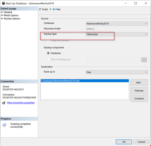 Backup type differential selected