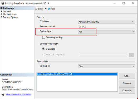 Backup database window